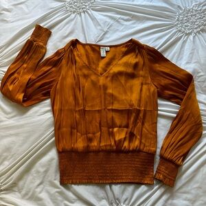 Joie Golden Orange Longsleeve Designer Smocked Top